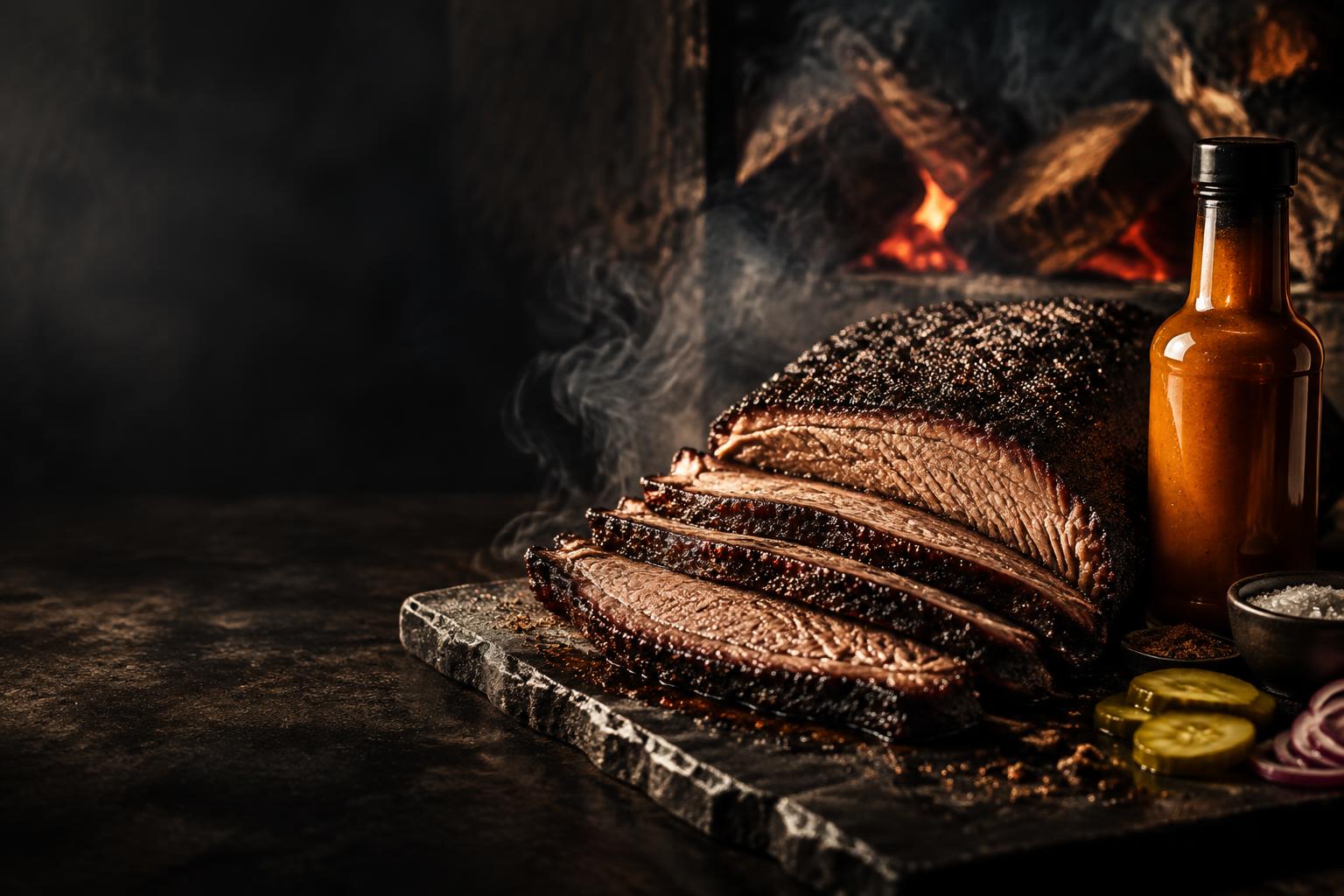 Sliced smoked brisket and house hot sauce by glowing embers