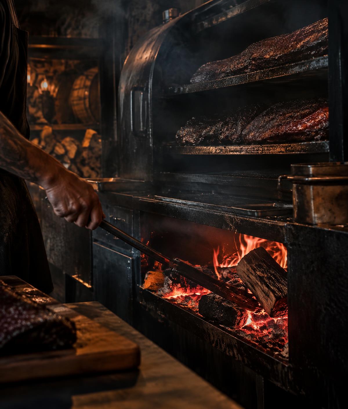 Oak-fired smoker glowing in the kitchen
